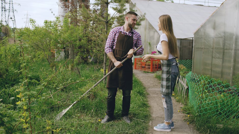 A man and a woman are engaging in garden maintenance outdoors, with the man holding a rake and wearing a brown apron over a red and white checked shirt, while the woman, dressed in casual jeans and a 